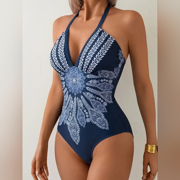 Other - NWT Vintage Navy Blue Graphic Print One Piece Swimsuit Sz Medium